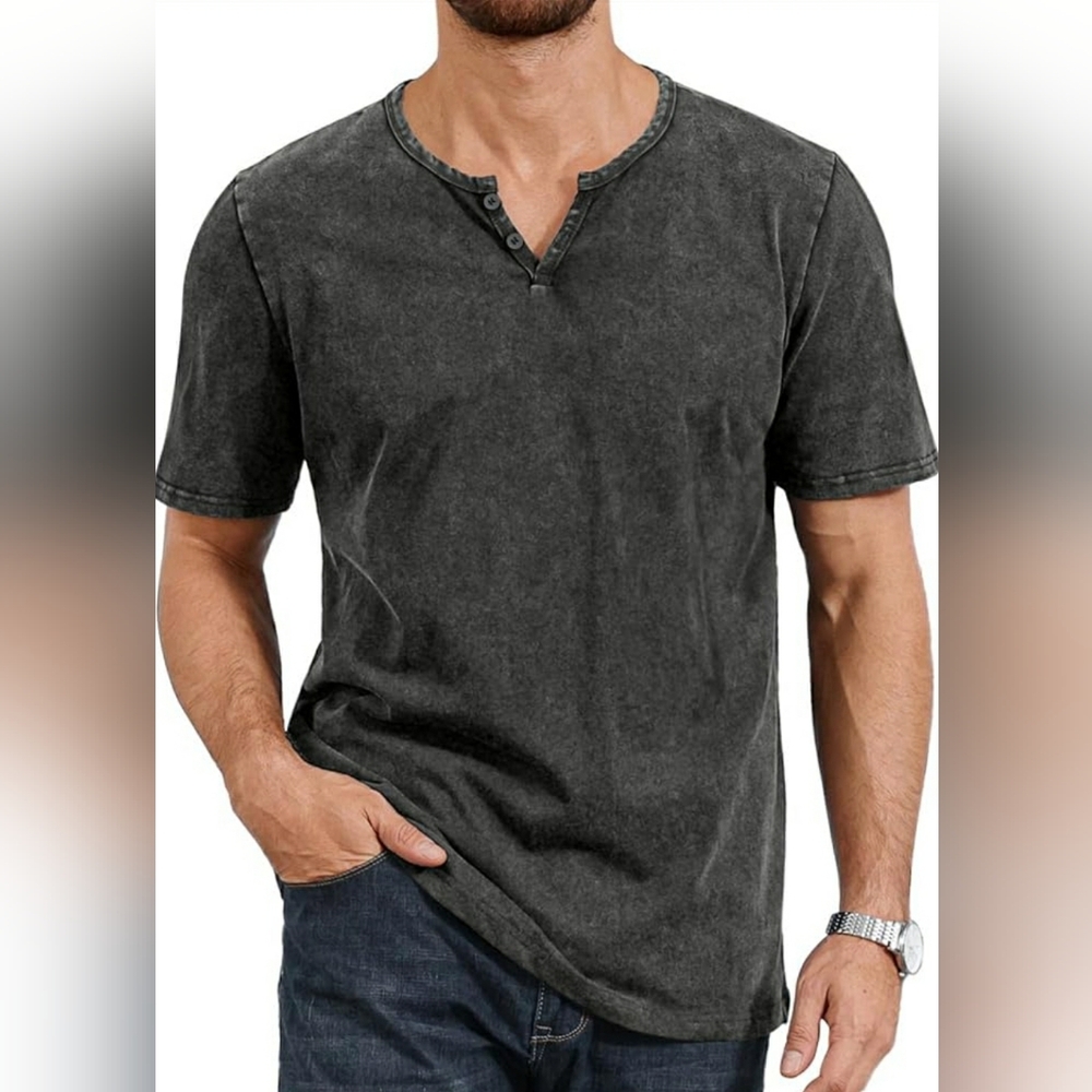 Mens Distressed Short Sleeve Henley Shirt Gray XL